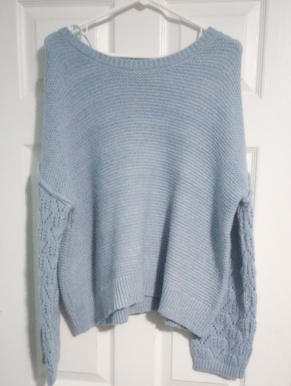 Knox Rose Light Blue Crewneck Sweater with Lace-Sleeve Detail